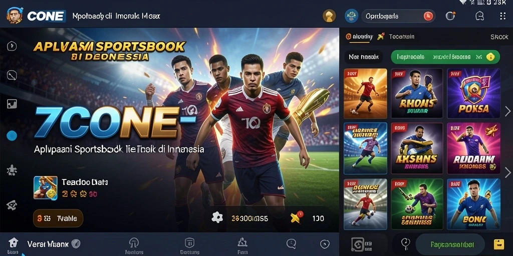 Tampilan antarmuka aplikasi 7CONE dengan fitur sportsbook.
