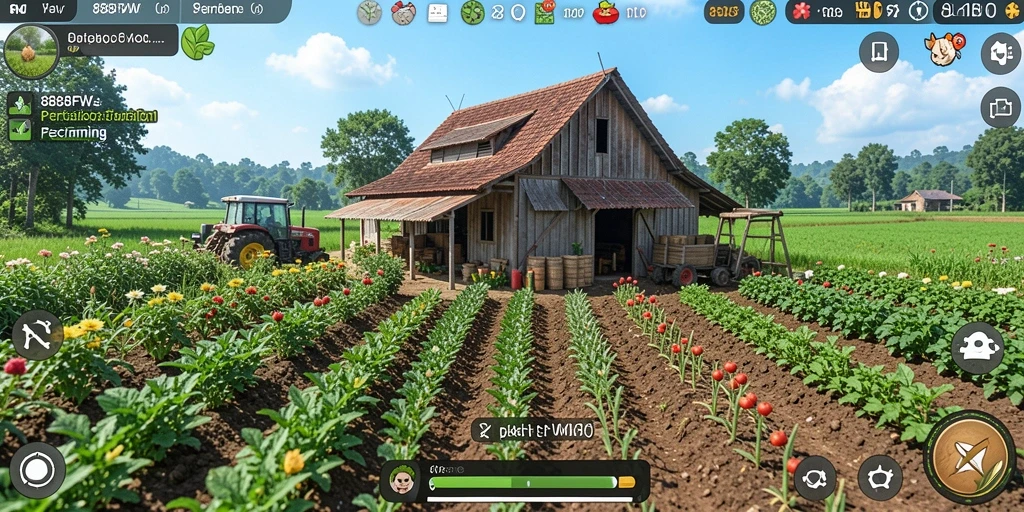 Screenshot gameplay 888FW menampilkan ladang hijau dan hewan ternak.