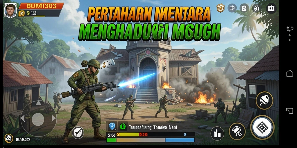 Tampilan gameplay BUMI303 dengan menara yang berfungsi menghalau serangan musuh.