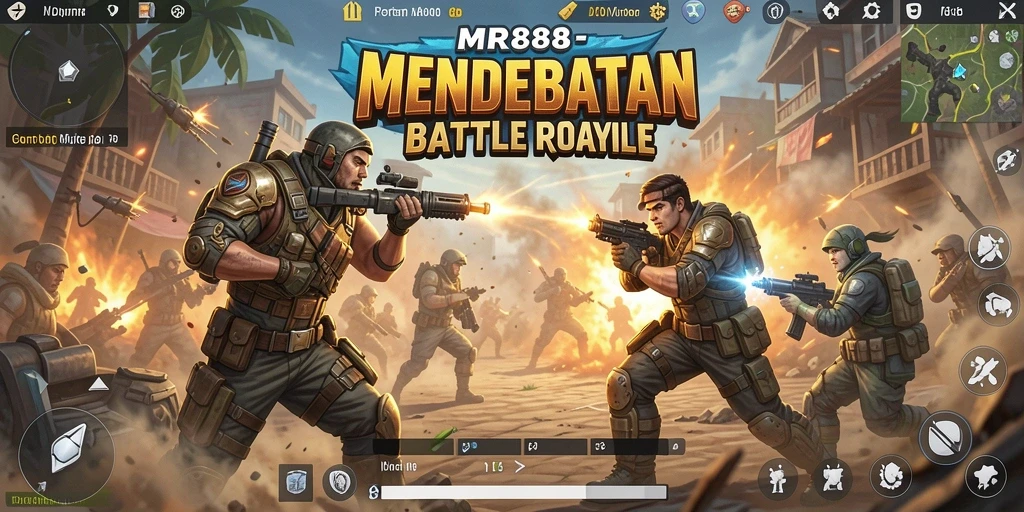 Screenshot gameplay MR888 menampilkan aksi seru dalam pertempuran Battle Royale.