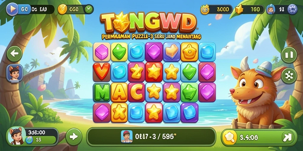 Screenshot utama TONGWD menunjukkan gameplay seru Match-3 yang mengasyikkan.